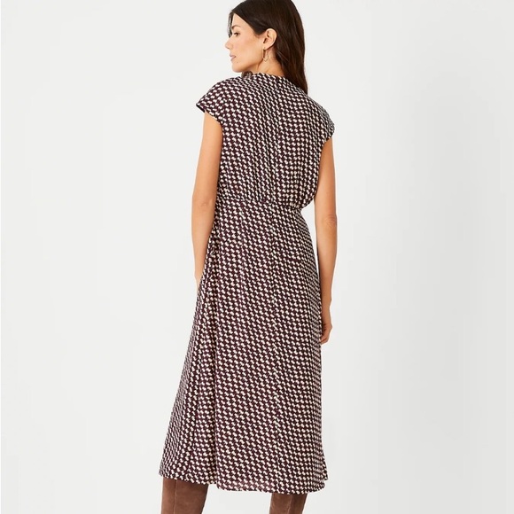 EUC Ann Taylor Dress Houndstooth Blouson & Flare Midi Brown Cream Size 2 - Picture 2 of 10